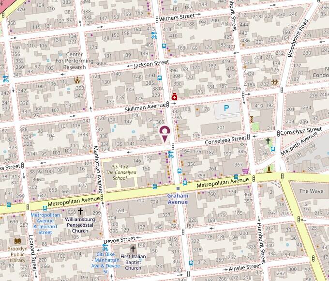 Street map of East Williamsburg with a pin on Graham Ave between Conselyea Street and Skillman Avenue, one block north of the Graham Ave L station.
